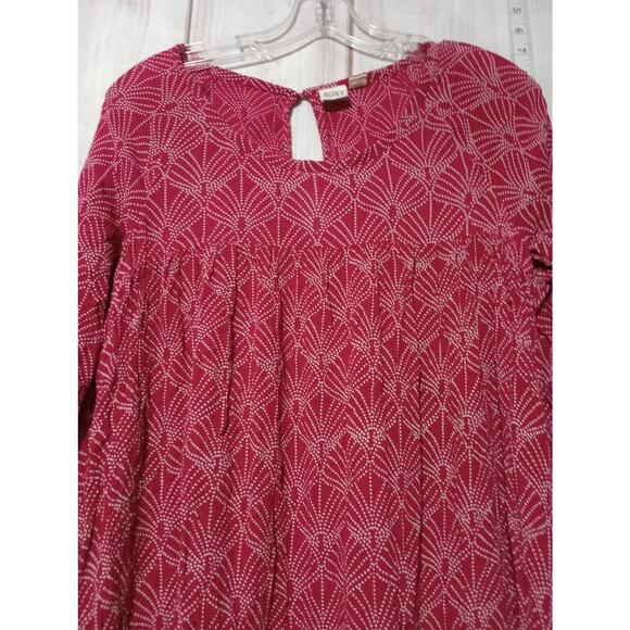 Roxy Dress Womens Small Red White Long Sleeve Boho Tunic Keyhole Viscose Print - Picture 2 of 8